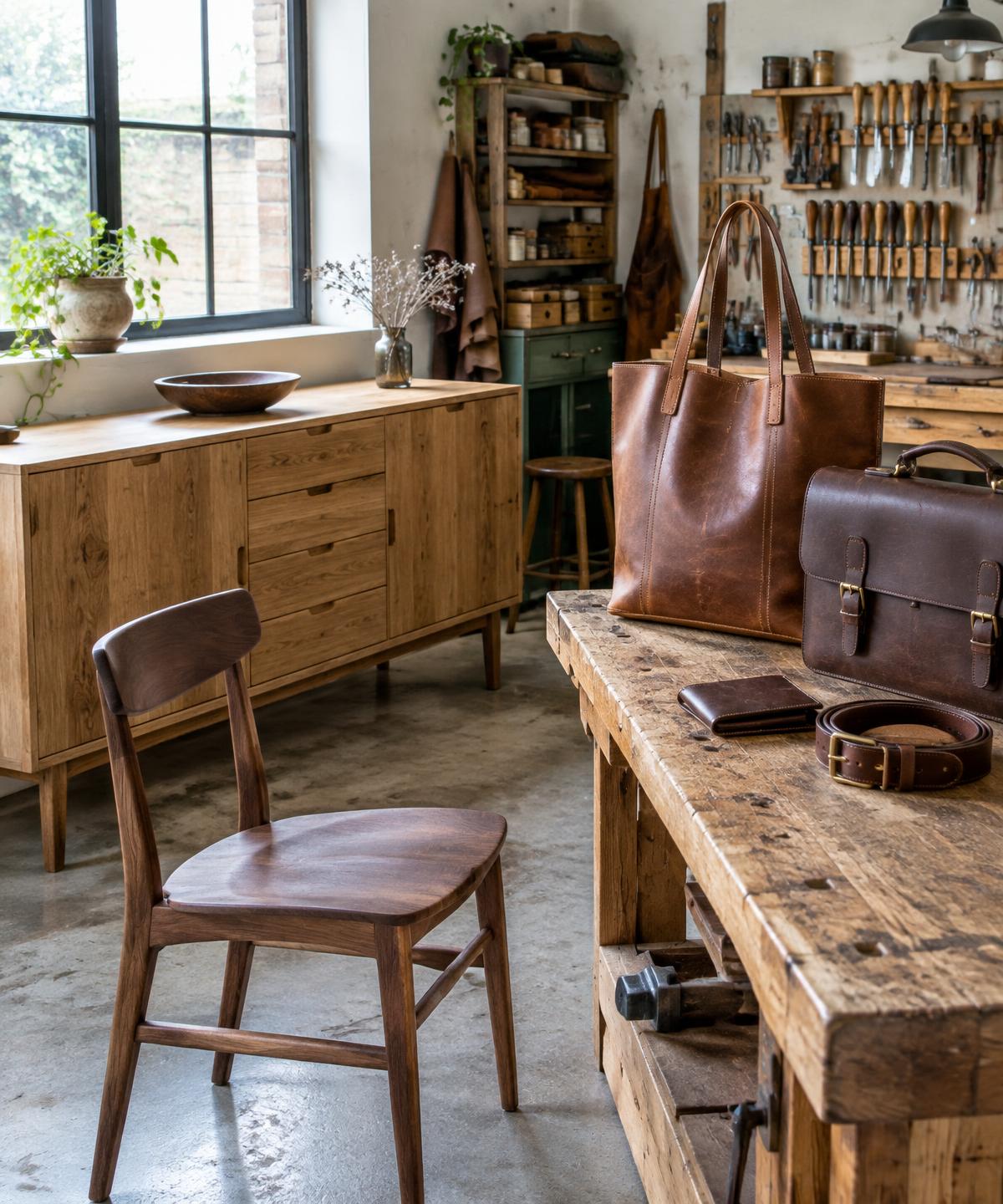 Handcrafted wooden furniture and leather bags, wallet and belt in a shared artisan workshop