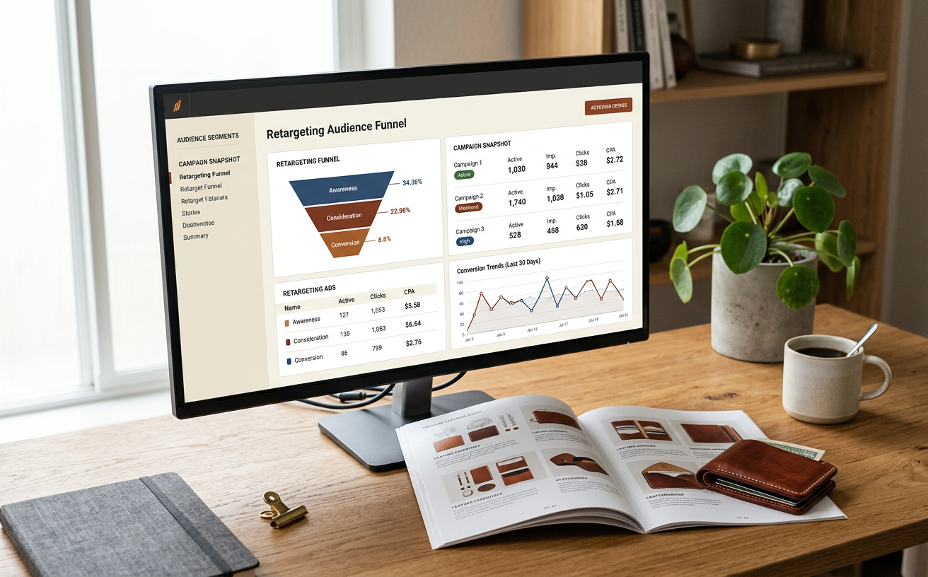 Retargeting campaign dashboard beside product imagery