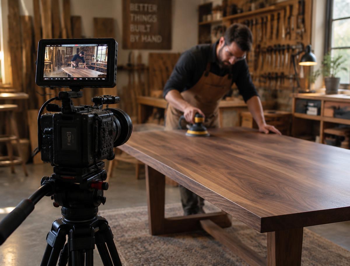 Craftsperson recording a handcrafted product process in a workshop